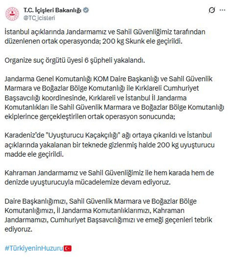 Denizde uyuşturucu operasyonu: 200 kilogram skunk ele geçirildi