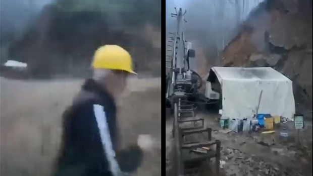 Giresun’da heyelan anları kamerada! Sondaj makinesi toprak altında kaldı, işçiler son anda kurtuldu