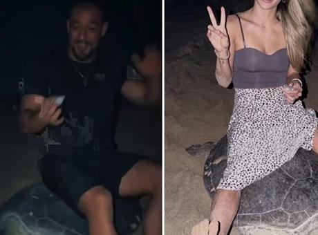 Turistlerden skandal hareket! Kameralar anbean kaydetti: ‘Kaplumbağanın üstüne bindiler’